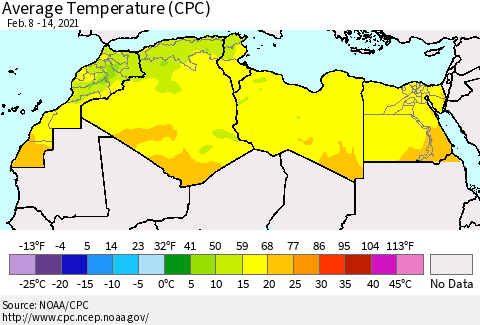 North Africa Average Temperature (CPC) Thematic Map For 2/8/2021 - 2/14/2021
