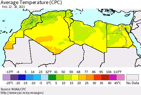 North Africa Average Temperature (CPC) Thematic Map For 2/22/2021 - 2/28/2021