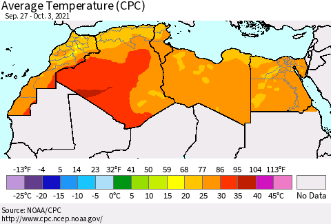 North Africa Average Temperature (CPC) Thematic Map For 9/27/2021 - 10/3/2021