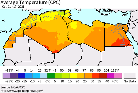 North Africa Average Temperature (CPC) Thematic Map For 10/11/2021 - 10/17/2021