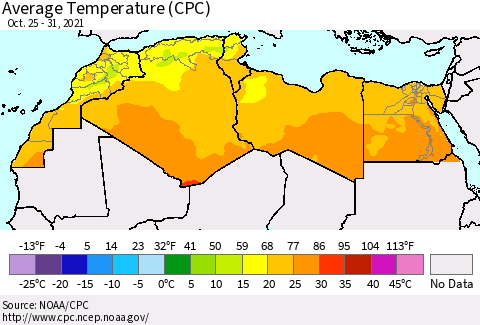 North Africa Average Temperature (CPC) Thematic Map For 10/25/2021 - 10/31/2021