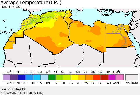 North Africa Average Temperature (CPC) Thematic Map For 11/1/2021 - 11/7/2021