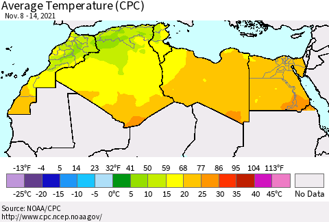 North Africa Average Temperature (CPC) Thematic Map For 11/8/2021 - 11/14/2021