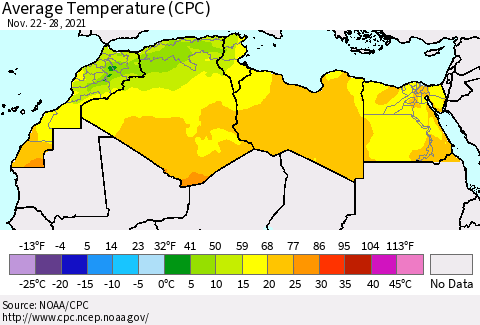North Africa Average Temperature (CPC) Thematic Map For 11/22/2021 - 11/28/2021