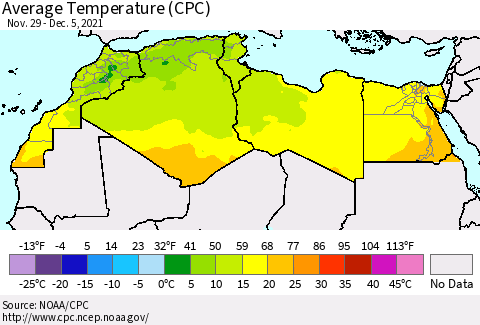 North Africa Average Temperature (CPC) Thematic Map For 11/29/2021 - 12/5/2021