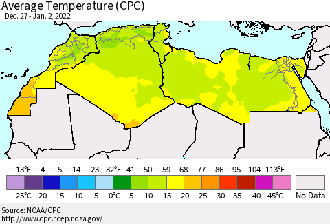 North Africa Average Temperature (CPC) Thematic Map For 12/27/2021 - 1/2/2022