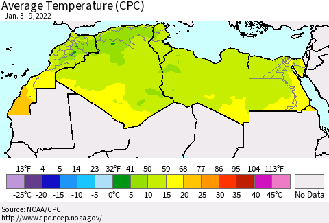 North Africa Average Temperature (CPC) Thematic Map For 1/3/2022 - 1/9/2022
