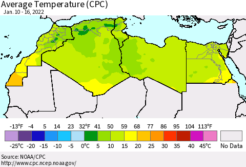 North Africa Average Temperature (CPC) Thematic Map For 1/10/2022 - 1/16/2022