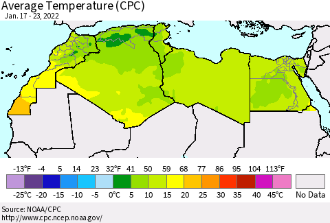 North Africa Average Temperature (CPC) Thematic Map For 1/17/2022 - 1/23/2022