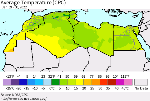North Africa Average Temperature (CPC) Thematic Map For 1/24/2022 - 1/30/2022