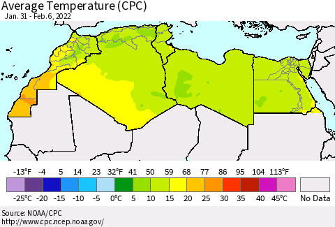 North Africa Average Temperature (CPC) Thematic Map For 1/31/2022 - 2/6/2022