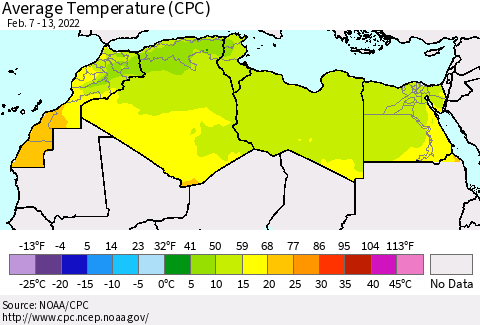 North Africa Average Temperature (CPC) Thematic Map For 2/7/2022 - 2/13/2022