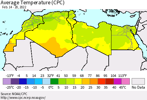 North Africa Average Temperature (CPC) Thematic Map For 2/14/2022 - 2/20/2022