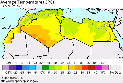 North Africa Average Temperature (CPC) Thematic Map For 2/21/2022 - 2/27/2022