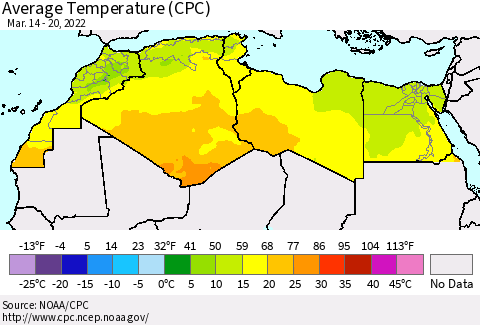 North Africa Average Temperature (CPC) Thematic Map For 3/14/2022 - 3/20/2022