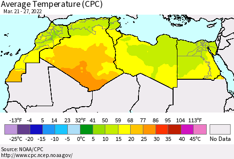 North Africa Average Temperature (CPC) Thematic Map For 3/21/2022 - 3/27/2022