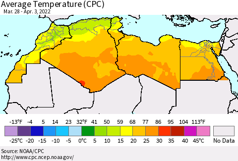 North Africa Average Temperature (CPC) Thematic Map For 3/28/2022 - 4/3/2022