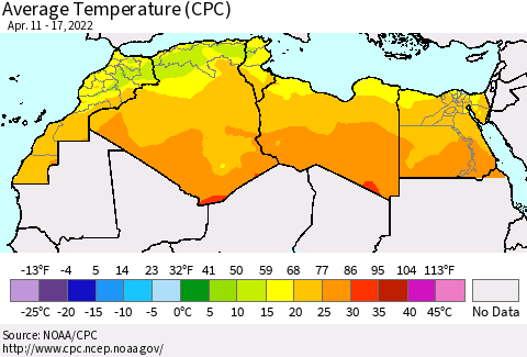 North Africa Average Temperature (CPC) Thematic Map For 4/11/2022 - 4/17/2022