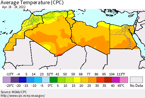 North Africa Average Temperature (CPC) Thematic Map For 4/18/2022 - 4/24/2022