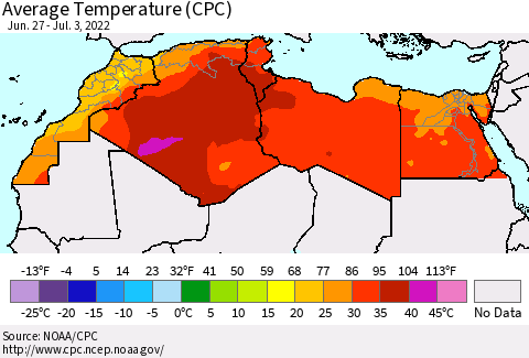 North Africa Average Temperature (CPC) Thematic Map For 6/27/2022 - 7/3/2022
