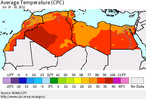 North Africa Average Temperature (CPC) Thematic Map For 7/18/2022 - 7/24/2022