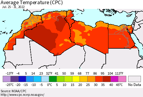 North Africa Average Temperature (CPC) Thematic Map For 7/25/2022 - 7/31/2022