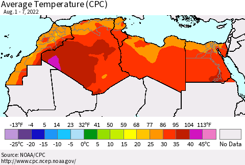North Africa Average Temperature (CPC) Thematic Map For 8/1/2022 - 8/7/2022
