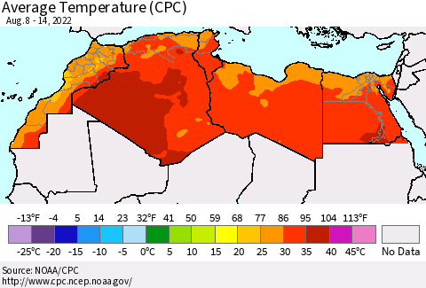 North Africa Average Temperature (CPC) Thematic Map For 8/8/2022 - 8/14/2022