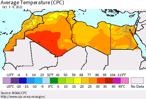 North Africa Average Temperature (CPC) Thematic Map For 10/3/2022 - 10/9/2022