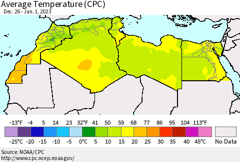 North Africa Average Temperature (CPC) Thematic Map For 12/26/2022 - 1/1/2023