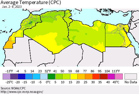 North Africa Average Temperature (CPC) Thematic Map For 1/2/2023 - 1/8/2023