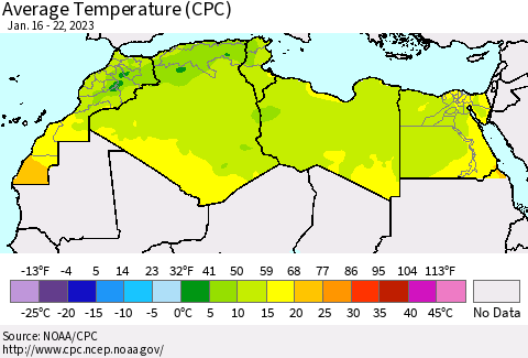 North Africa Average Temperature (CPC) Thematic Map For 1/16/2023 - 1/22/2023