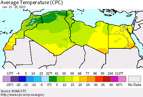 North Africa Average Temperature (CPC) Thematic Map For 1/23/2023 - 1/29/2023