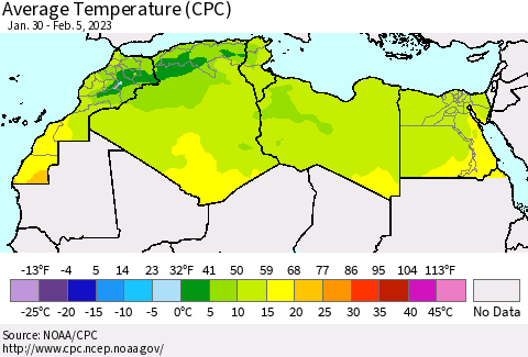 North Africa Average Temperature (CPC) Thematic Map For 1/30/2023 - 2/5/2023