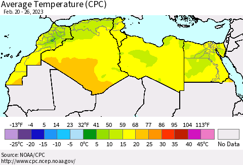 North Africa Average Temperature (CPC) Thematic Map For 2/20/2023 - 2/26/2023