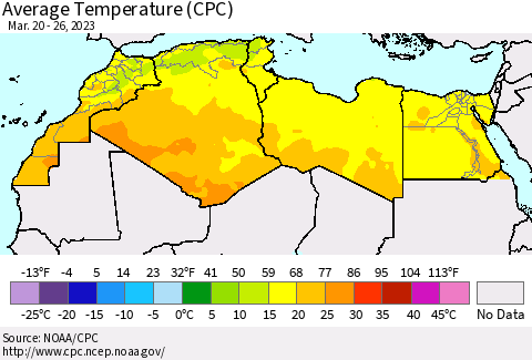 North Africa Average Temperature (CPC) Thematic Map For 3/20/2023 - 3/26/2023