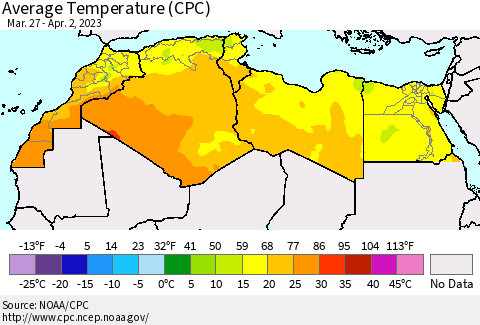 North Africa Average Temperature (CPC) Thematic Map For 3/27/2023 - 4/2/2023