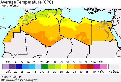 North Africa Average Temperature (CPC) Thematic Map For 4/3/2023 - 4/9/2023
