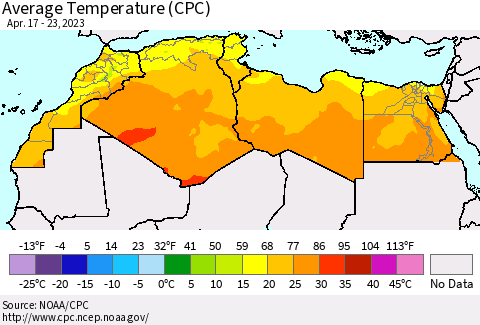 North Africa Average Temperature (CPC) Thematic Map For 4/17/2023 - 4/23/2023
