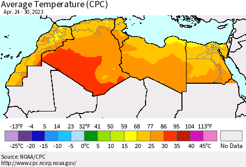 North Africa Average Temperature (CPC) Thematic Map For 4/24/2023 - 4/30/2023