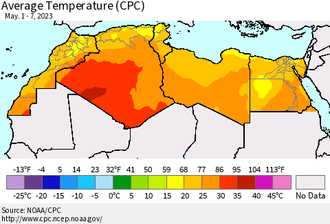 North Africa Average Temperature (CPC) Thematic Map For 5/1/2023 - 5/7/2023