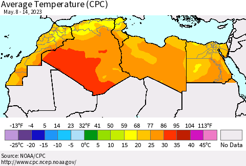 North Africa Average Temperature (CPC) Thematic Map For 5/8/2023 - 5/14/2023