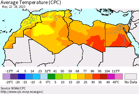 North Africa Average Temperature (CPC) Thematic Map For 5/22/2023 - 5/28/2023