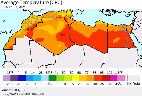 North Africa Average Temperature (CPC) Thematic Map For 6/12/2023 - 6/18/2023