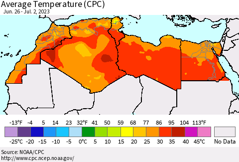 North Africa Average Temperature (CPC) Thematic Map For 6/26/2023 - 7/2/2023