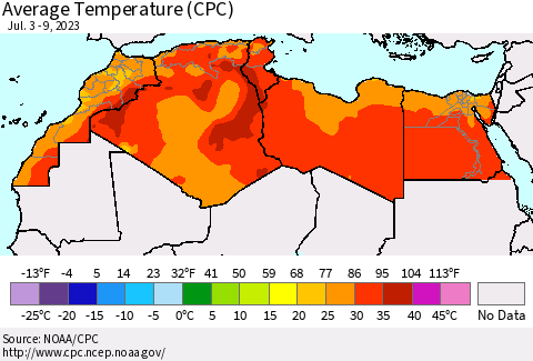 North Africa Average Temperature (CPC) Thematic Map For 7/3/2023 - 7/9/2023