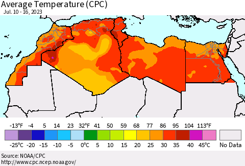 North Africa Average Temperature (CPC) Thematic Map For 7/10/2023 - 7/16/2023