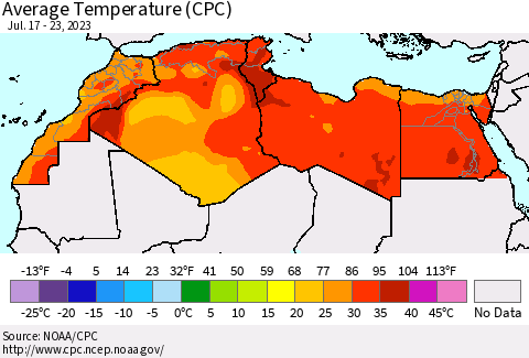 North Africa Average Temperature (CPC) Thematic Map For 7/17/2023 - 7/23/2023