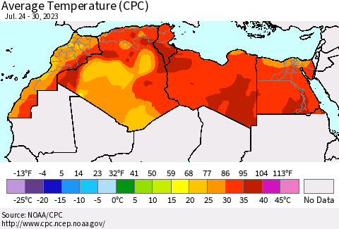 North Africa Average Temperature (CPC) Thematic Map For 7/24/2023 - 7/30/2023