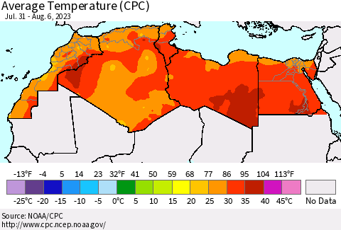 North Africa Average Temperature (CPC) Thematic Map For 7/31/2023 - 8/6/2023